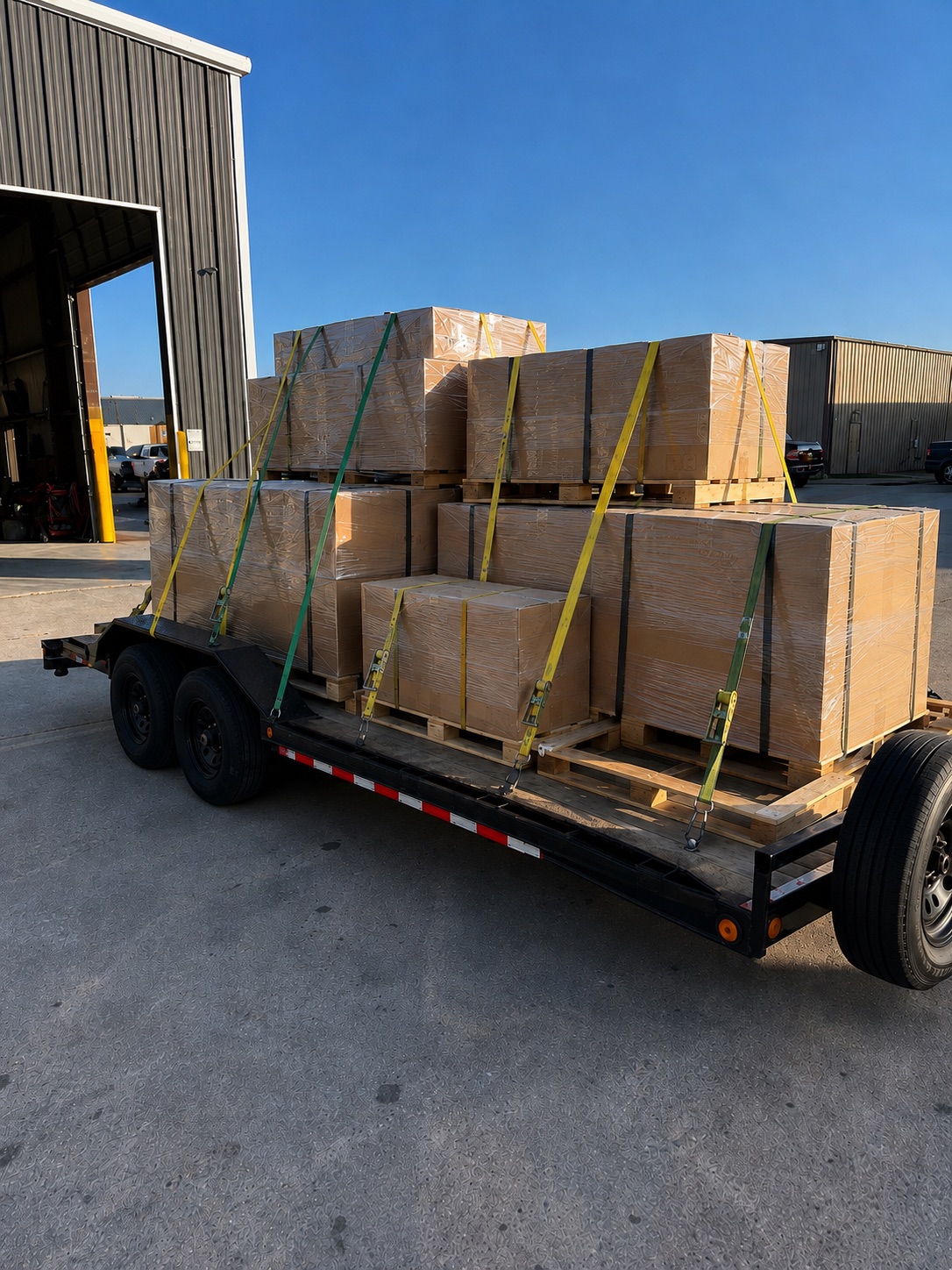 Palletized cargo strapped down and staged for shipment